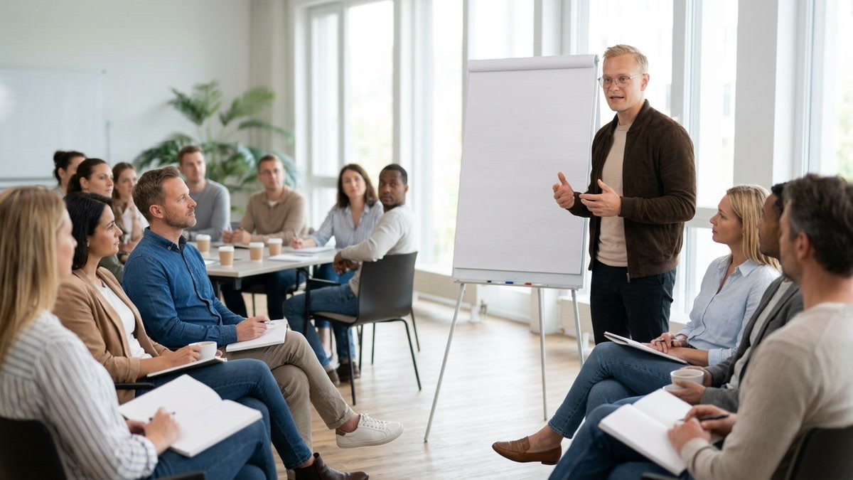 Sebastian Wagner steht vor einem Flipchart und spricht mit einer Gruppe von Teilnehmenden in einem hellen Seminarraum